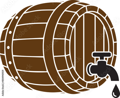 Brown wooden barrel with a black spigot dispensing a single black drop of liquid on a white background