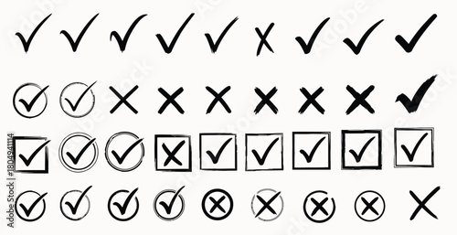 Collection of hand drawn check marks and crosses symbols