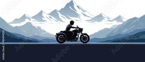 Motorcycle Riding On Open Road In Front of Mountain Range Vector Graphic Illustration For Travel and Adventure With Skyline Art