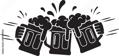Three black beer mugs with frothy heads clinking together with splash elements toasting celebration