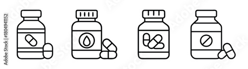 Outline medicine bottles and pills vector illustration for healthcare and pharmaceutical concepts design