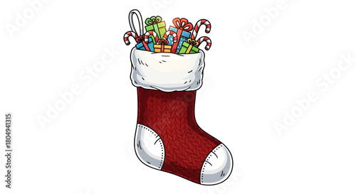 Delightful Christmas stocking overflowing with colorful gifts and candy canes, perfect for holiday celebrations and festive marketing campaigns