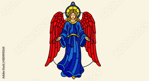 Stunning stained glass angel radiates divine peace and hope with vibrant red wings and flowing blue robe, perfect for spiritual or decorative projects.