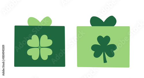 Set of Green Gift Box with Clover Decoration.
St. Patrick's day gift box flat vector illustration .
White background.