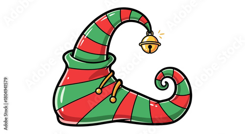 Whimsical elf shoe with red and green stripes and a jingling golden bell, perfect for festive holiday designs and cheerful Christmas celebrations.