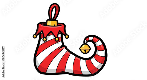 Whimsical red and white striped elf shoe ornament with golden bell, perfect for festive holiday decor and cheerful Christmas designs.