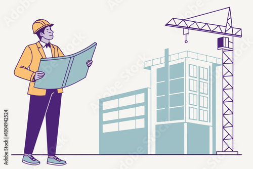 Architect reviewing blueprints at a construction site