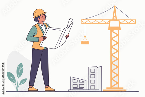 Architect with building plan near construction site with crane and buildings