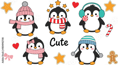 Cute cartoon penguins in winter outfits with hearts, stars, candy, and gifts for holiday celebration - flat vector illustration
