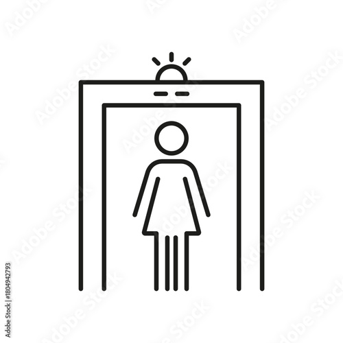 Security Checkpoint With Female Figure Line Icon. Airport Screening, Metal Detector, And Security Alert Outline Symbol. Safety Inspection Process. Editable Stroke. Isolated Vector Illustration