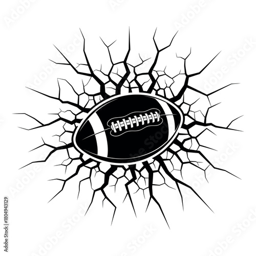 Black and white graphic of an american football with cracks isolated on white background