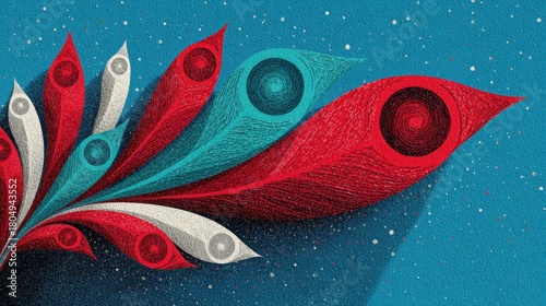 Abstract feather design with vibrant red, blue, and white swirls on textured background