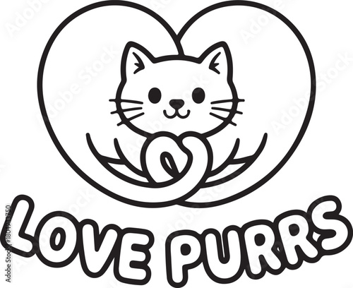 Cute cartoon cat inside a heart outline with "love purrs" text, charming vector line art graphic.