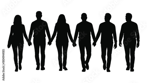 Six people holding hands silhouette isolated on white background, Vector