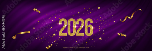 2026 Happy New Year greeting card vector background. 2026 golden numbers with confetti and congratulation text on purple curtain. Luxury festive sparkle postcard, invitation, banner for social media