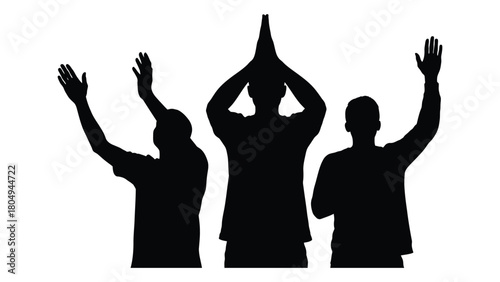 Three silhouettes with raised hands isolated on white background, Vector