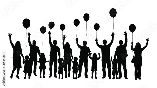 Happy group celebration silhouettes with balloons isolated on white background, Vector