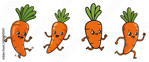 Set of cute carrot characters with faces running and dancing – kawaii vegetable mascot vector illustration