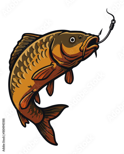 Common carp fish jumping on fishing hook – detailed freshwater angling mascot vector illustration