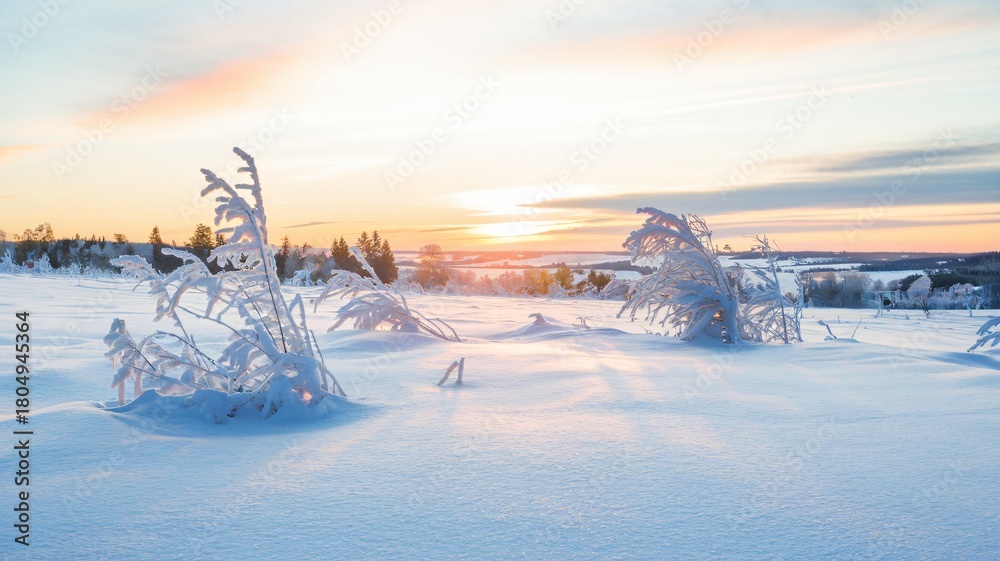 Fototapeta premium Serene Snowy Field Sunrise Hopeful Winter Landscape Morning Light