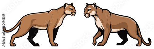Set of two cougars or pumas facing each other vector mascot illustration