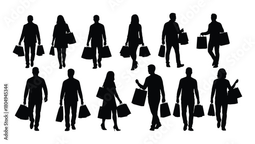 People shopping silhouettes isolated on white background, Vector