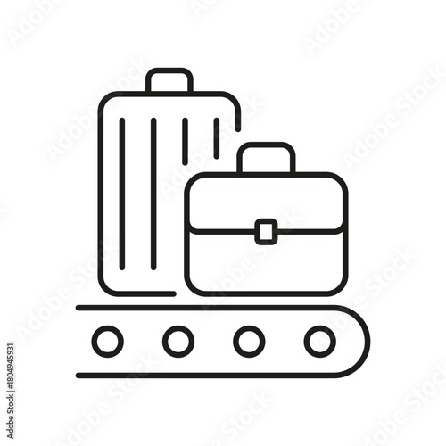 Luggage On Conveyor Belt Line Icon. Baggage Claim, Airport Luggage Handling, And Travel Logistics Outline Symbol. Efficient Travel Management. Editable Stroke. Isolated Vector Illustration