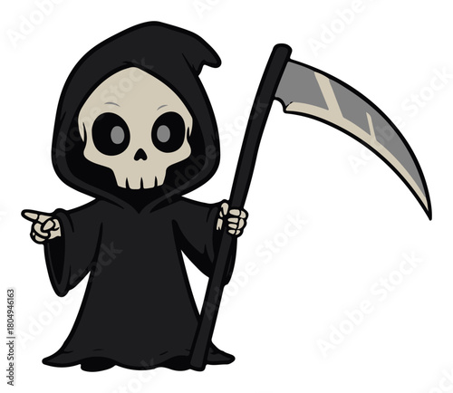 Cartoon Grim Reaper mascot with a scythe pointing forward vector illustration