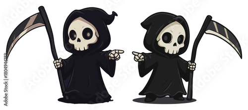 Two cute grim reapers with scythes – chibi halloween mascot cartoon vector illustration