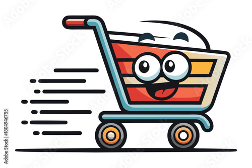 Funny animated shopping cart moving quickly with joyful face design