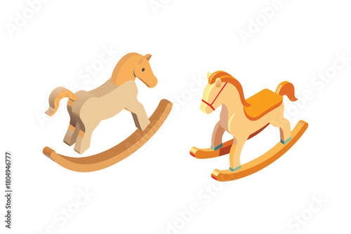 Two Isometric Wooden Rocking Horses Toys Classic Childrens Playthings Childhood Nostalgia Kids Fun Game Isolated White Background