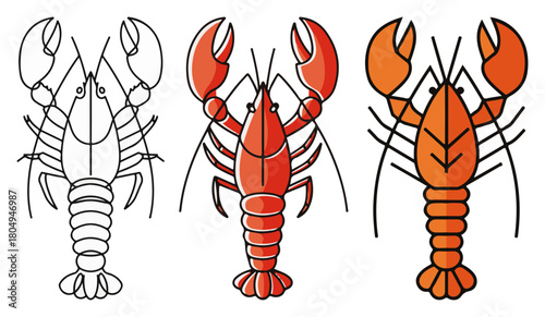 Lobster or crayfish vector set in various styles including outline and color