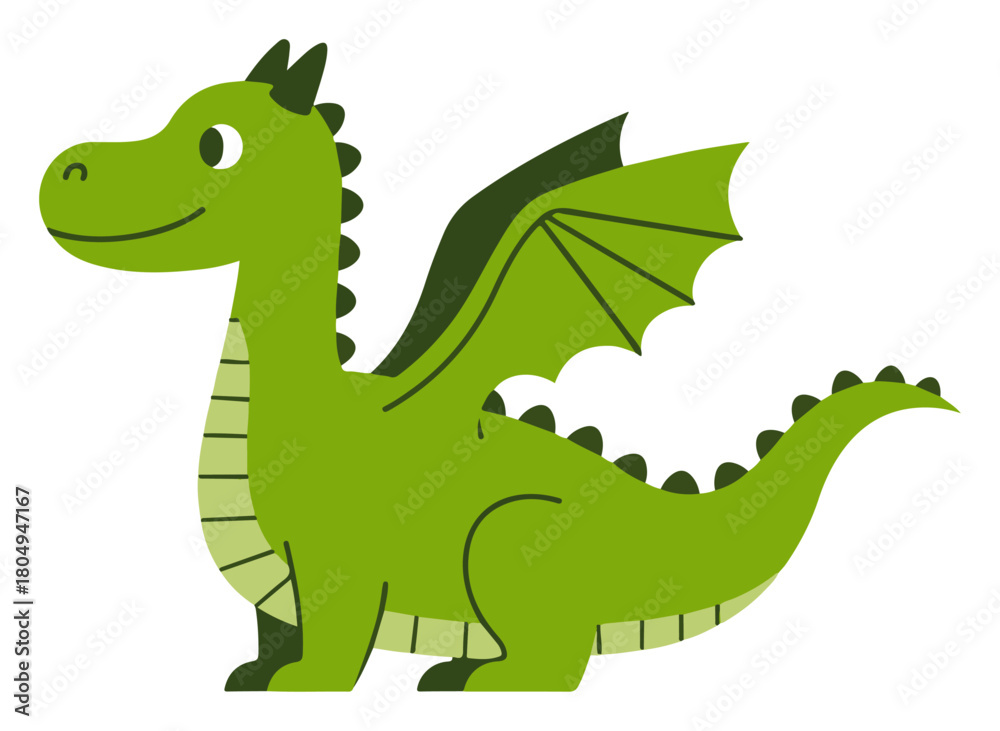 Fototapeta premium Cute green dragon cartoon with wings and spikes friendly fantasy character