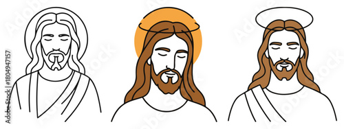 Jesus Christ head portraits with halo christian line art icon set