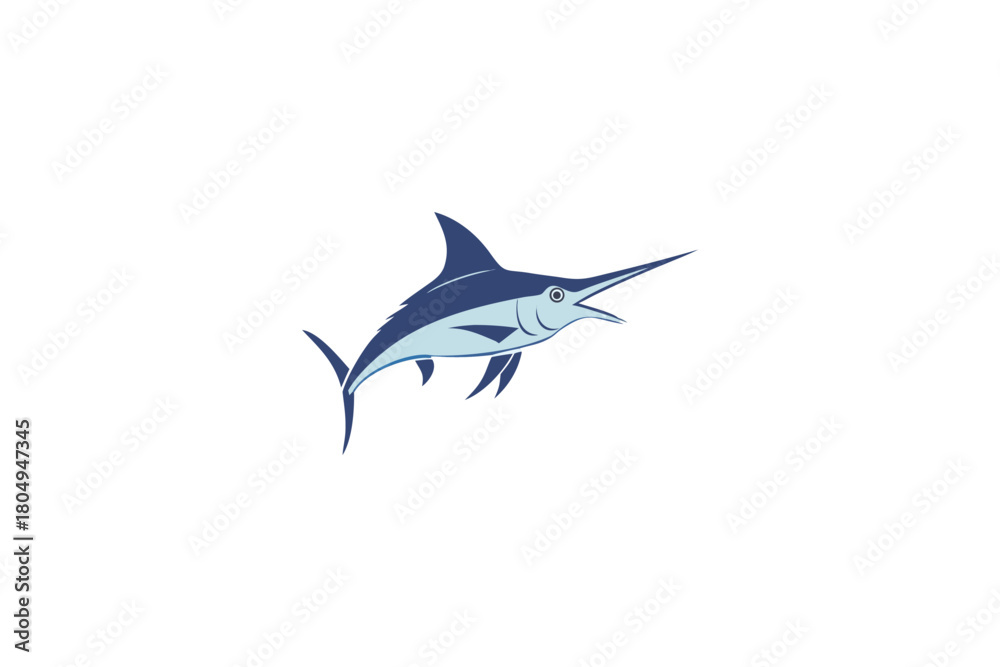 Obraz premium Dynamic Blue Marlin Fish Icon Swimming with Open Mouth and Sharp Bill in a Modern Flat Design Style for Marine Life and Fishing Concepts