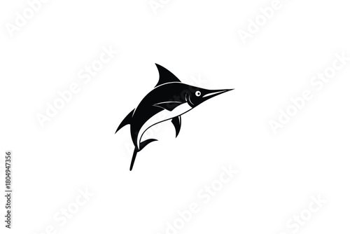 Striking Black Marlin Fish Silhouette Dynamic Marine Animal Icon Design on Clean White Background for Sports