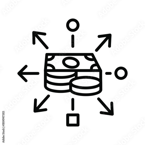 Money distribution icon featuring banknotes and coins with arrows spreading funds, symbolizing financial flow, income, and expenditure.