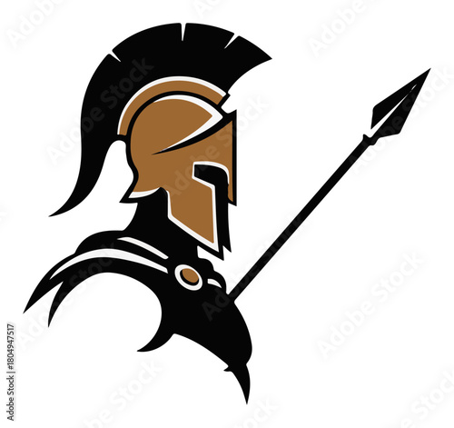 Spartan warrior profile with helmet and spear – ancient greek hoplite mascot logo vector illustration