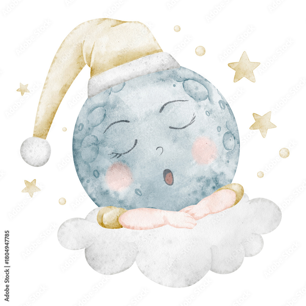Obraz premium Moon watercolor illustration with a sleepy lunar face resting on clouds, surrounded by stars and pastel tones. Drawing of sky object for bedtime nursery posters or dreamy night designs