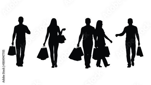 People shopping silhouettes isolated on white background, Vector