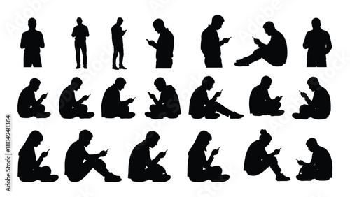 Silhouettes of people engaged with mobile phones isolated on white background, Vector