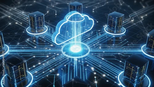 Digital cloud hovering at the center of a glowing network of connected servers inside a futuristic data environment, representing advanced cloud computing infrastructure.