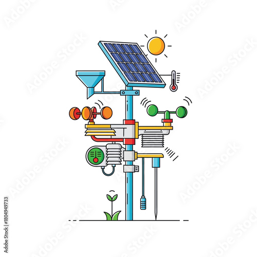 Modern weather station icon with solar panel for renewable energy, advanced sensors, and environmental monitoring, part of a Sustainable Energy Icon Collection