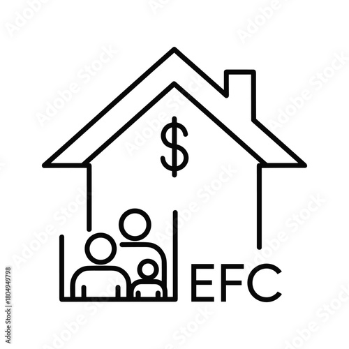 House icon with dollar sign, family, and efc text. represents home finances, family budget, and expected contribution concept