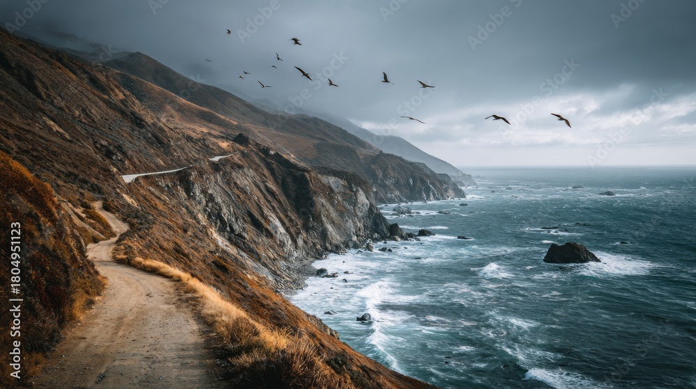 Obraz premium Scenic Cliffside Coastal Road with Waves Crashing Below and Seagulls Flying Overhead at Dusk