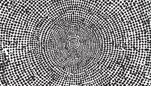 Abstract radial pattern of black dots on a white background creating a swirling vortex or ripple effect