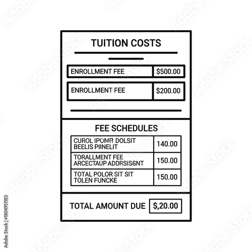 Tuition costs and fee schedules illustration displaying enrollment fees, various charges, and total amount due for education expenses.