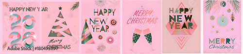 A collection of christmas and new year themed designs on a light pink background with festive greetings
