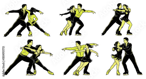 Dynamic figure skating pair in elegant poses, ready to impress with their stunning performance and graceful moves on ice, ideal for winter sports promotions