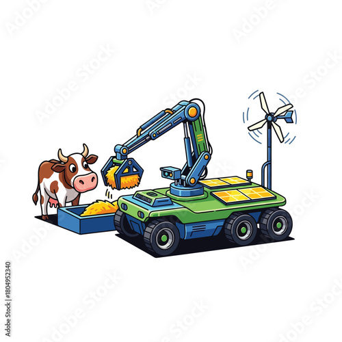 Futuristic farm robot powered by solar and wind energy feeding a cow, perfect for a Sustainable Energy Icon Collection showcasing eco-friendly agriculture and automation